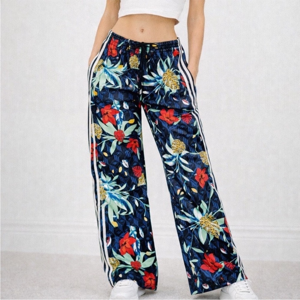 adidas HER Studio London Navy Tropical Floral Track Pants with Side Stripes